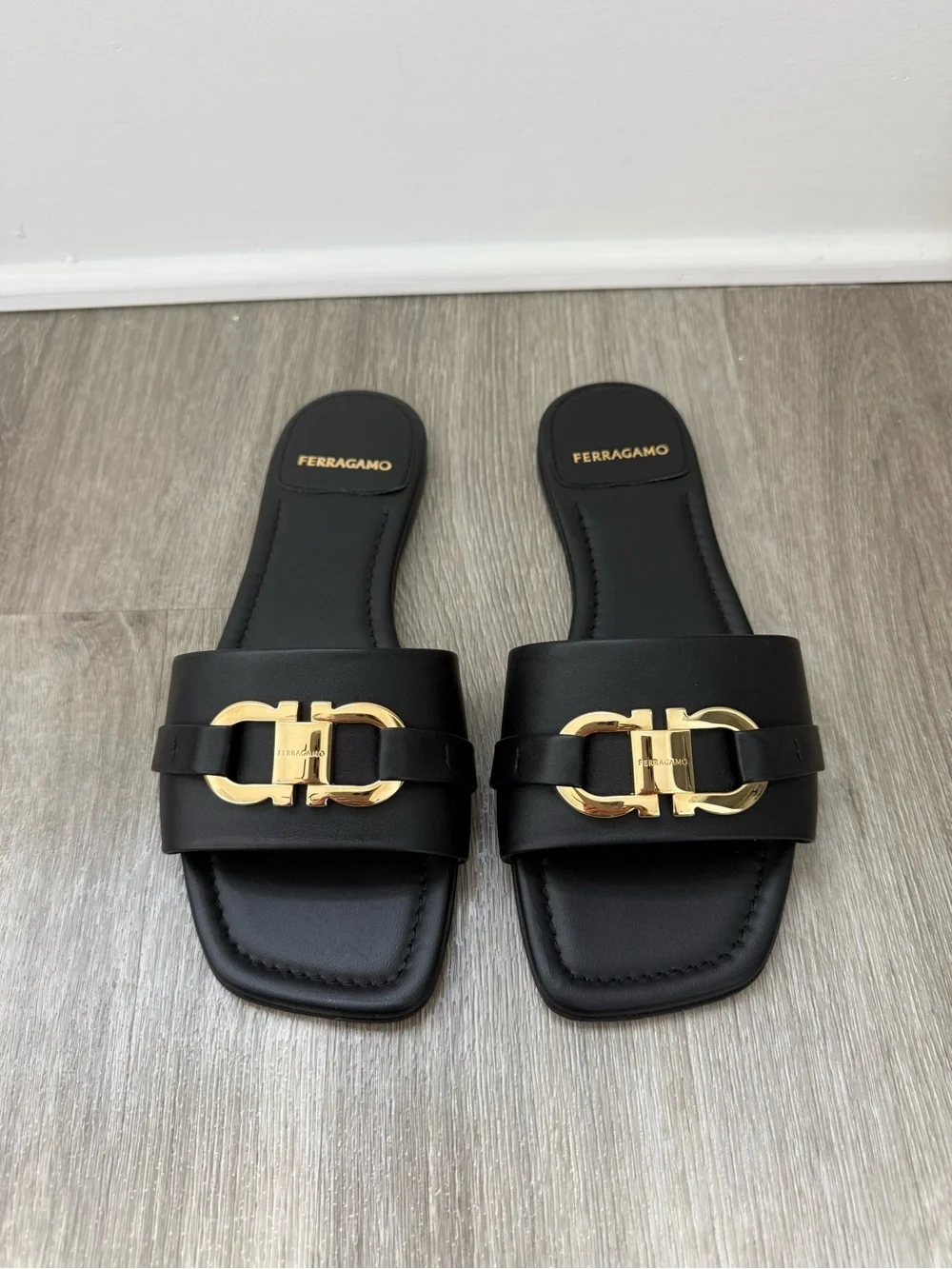 Ferragamo Black Gancini Flat Sandals | Size 6 / 36